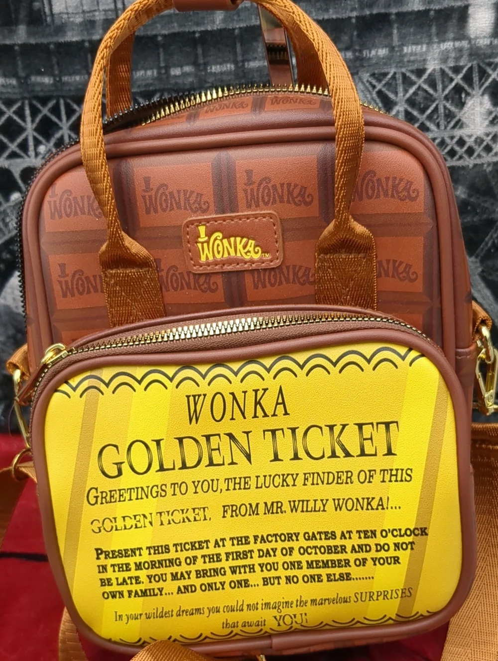 Buckle Down Willy Wonka Golden Ticket Text And Wonka Bar Crossbody Bag